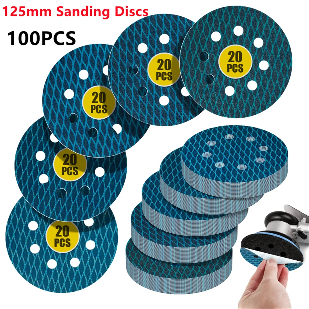 

100 шт., 125 мм, наждачная бумага круглой формы, шлифовальные диски, шлифовальная бумага с крючком и петлей, полировальный лист, наждачная бумага, шлифовальная машина с 8 отверстиями, полировальная подушечка