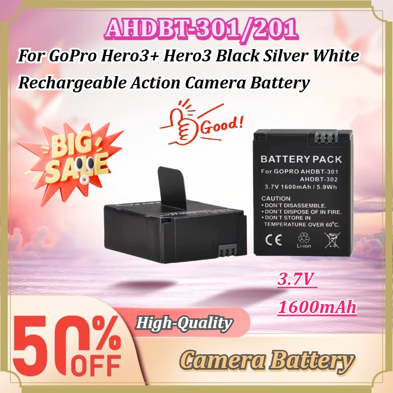 For GoPro Hero3+ Hero3 Black Silver White AHDBT-201 AHDBT-301 AHDBT-302 3.7V 1600mAh Rechargeable Action Camera Battery