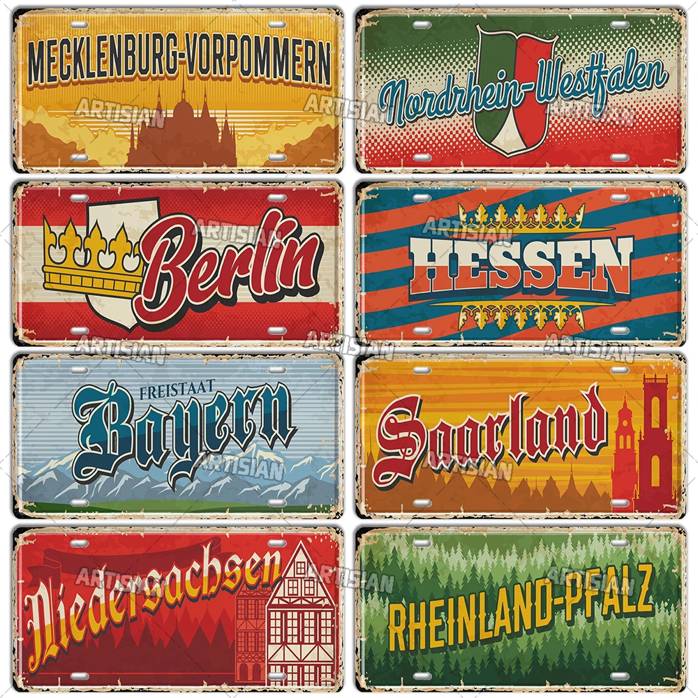 Artisian German Landmark License Plate Decorative Vehicle Plate Germany City State Metal Tin Plaque Wall Decor Garage Bar Pub