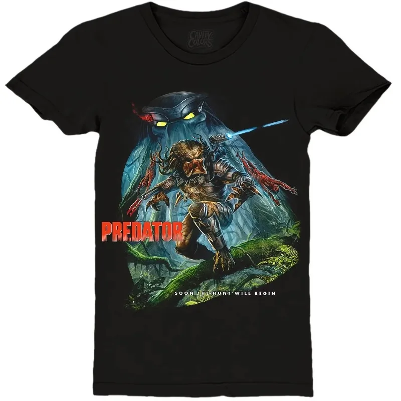 Alien Hunter Red and White Text Men and Women Casual Clothing Predator Pattern T-shirt Black Short Sleeve T-shirt