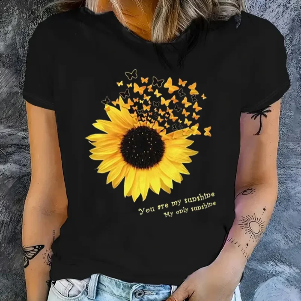 Summer Women's Comfortable And Leisure Brilliant Sunflower Printed Fashion Short Sleeves Fashionable And Elegant Women's T-shirt