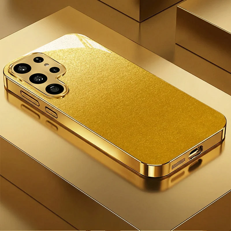 Fashion Gold Textured Pattern Electroplated Glass Phone Case for Samsung Galaxy S26 S25 S24 S23 S22 S21 Ultra FE Cover Fundas