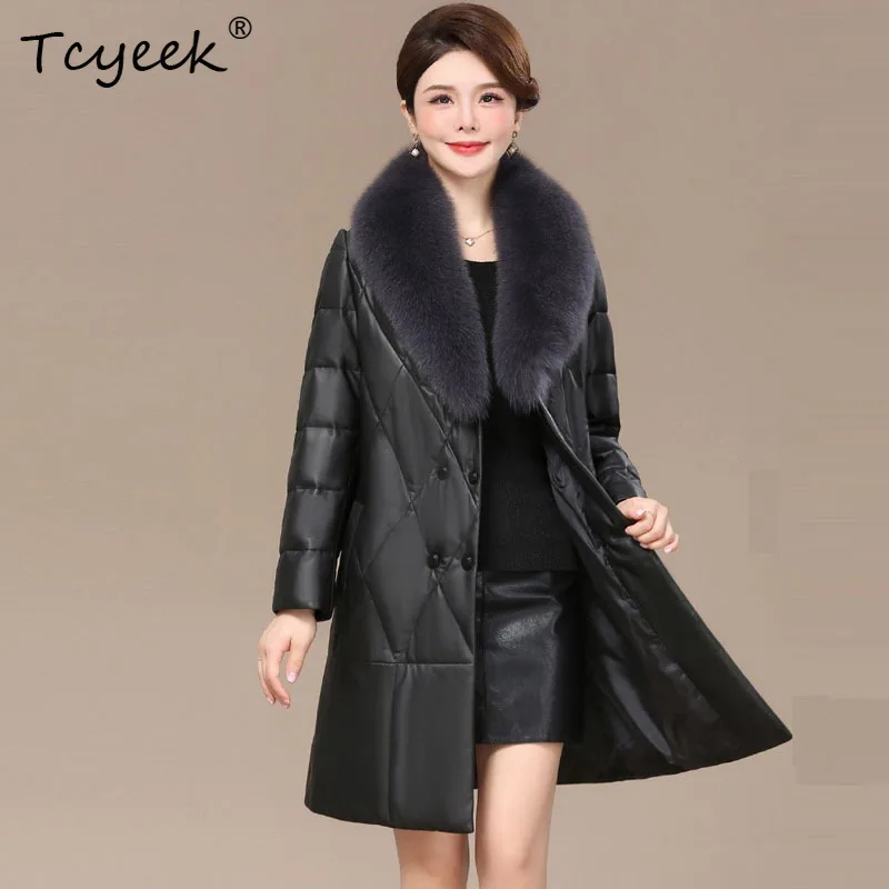 Tcyeek véritable peau de mouton duvet de canard blanc automne hiver col en v longueur moyenne veste en cuir véritable pour femme Ж Jayaжаğlu Куртка