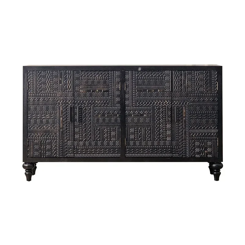 American retro solid wood dining side cabinet entrance foyer shoe cabinet entrance cabinet solid wood carving flower black stora