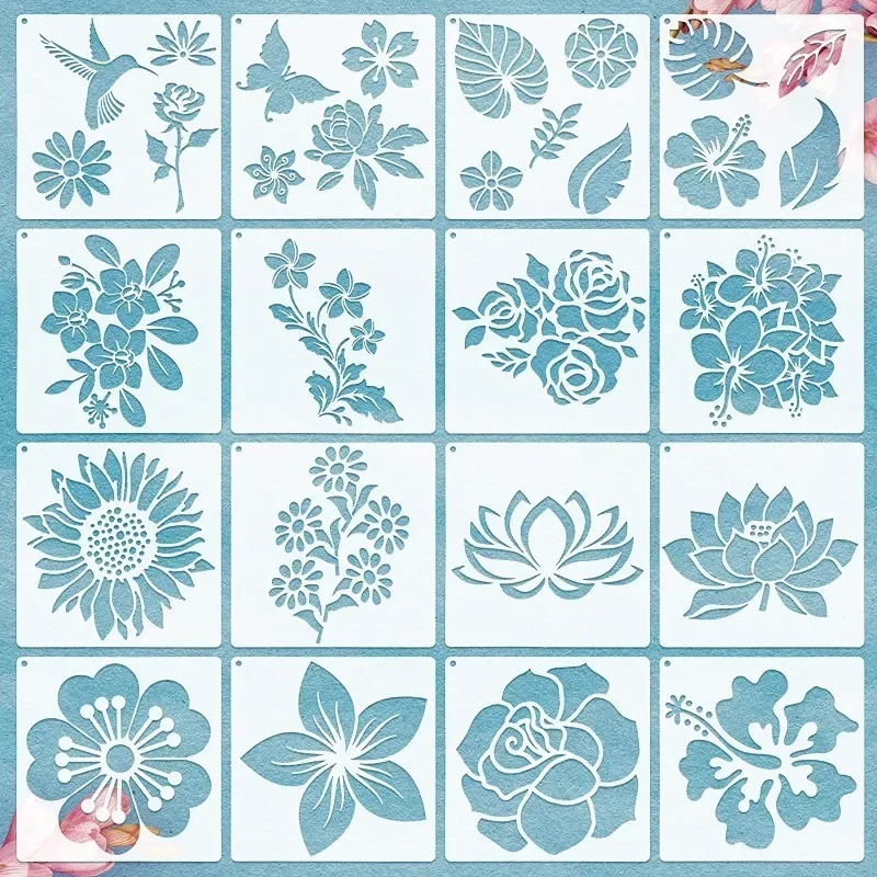 16pcs/set Floral Stencils for Painting Flower Combination Recycling Stencils for Painting Decor Furniture Stencil Flower Stencil