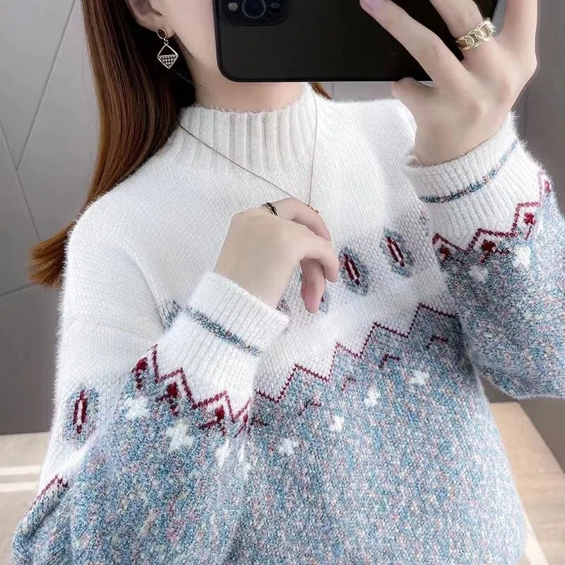 

Korean Half Turtleneck Sweater Woman 2022 Autumn Winter Knitted Pullovers Casual Long Sleeves Knitwear Sweater Female Tops 3XL