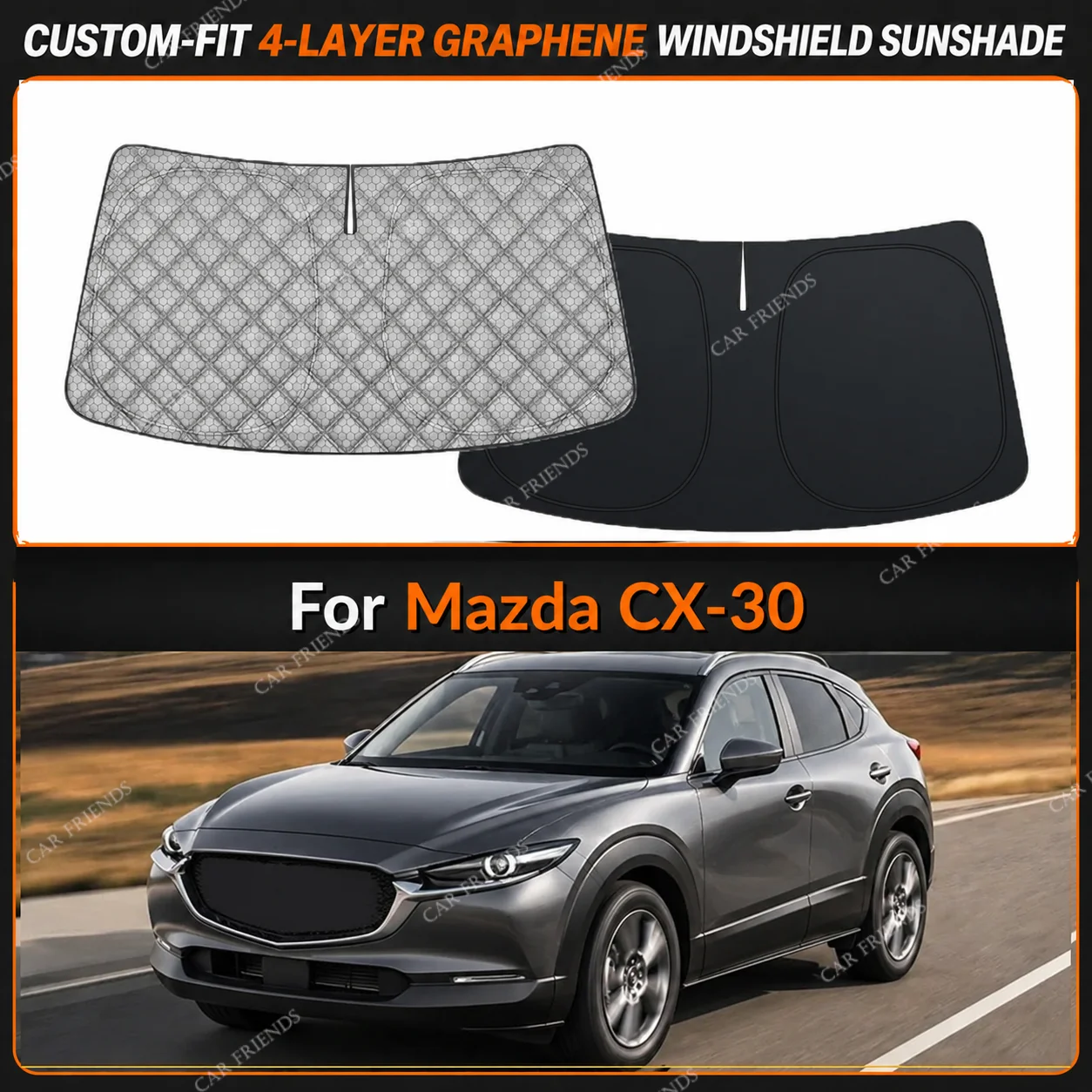 For Mazda CX-30 Custom-Fit 4-Layer Graphene Windshield Sunshade Reflective Gray-Silver Surface Helps Reduce Direct Sunlight