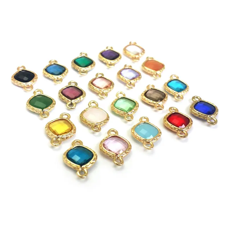 10PCS 16x10MM High Quality Champagne Gold Color Brass and Glass 2 Holes Square Connect Charms Pendants Diy Jewelry Accessories