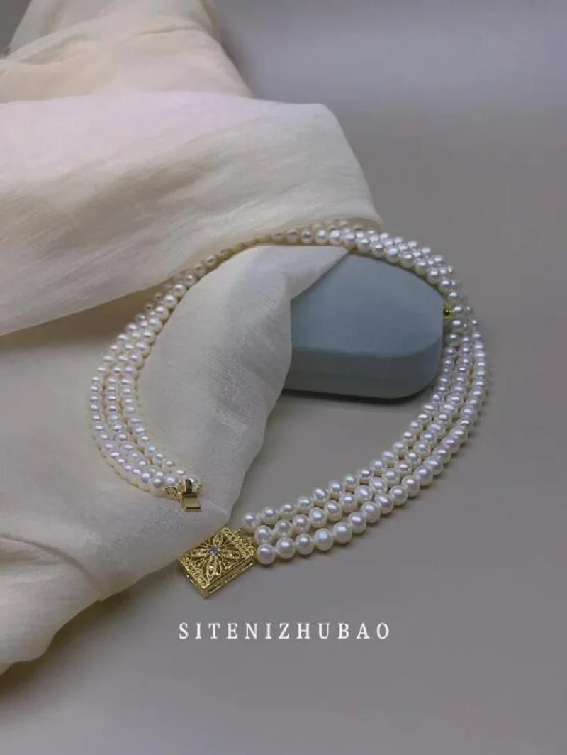 

AAA triple strand 7-8mm natural round south sea white pearl necklace