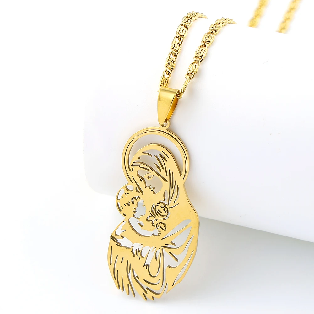 Catholic Hollow Virgin Mary Hold Baby Jesus Pendant Necklace Women Men Stainless Steel Gold Silver Color Chain Jewelry Gifts