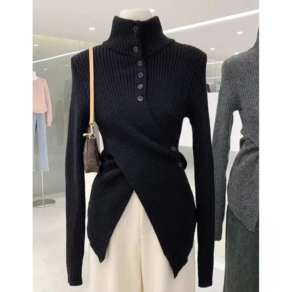Irregular Cross Design Sweater with Slim Waist Turtleneck Knitted Bottoming Shirt