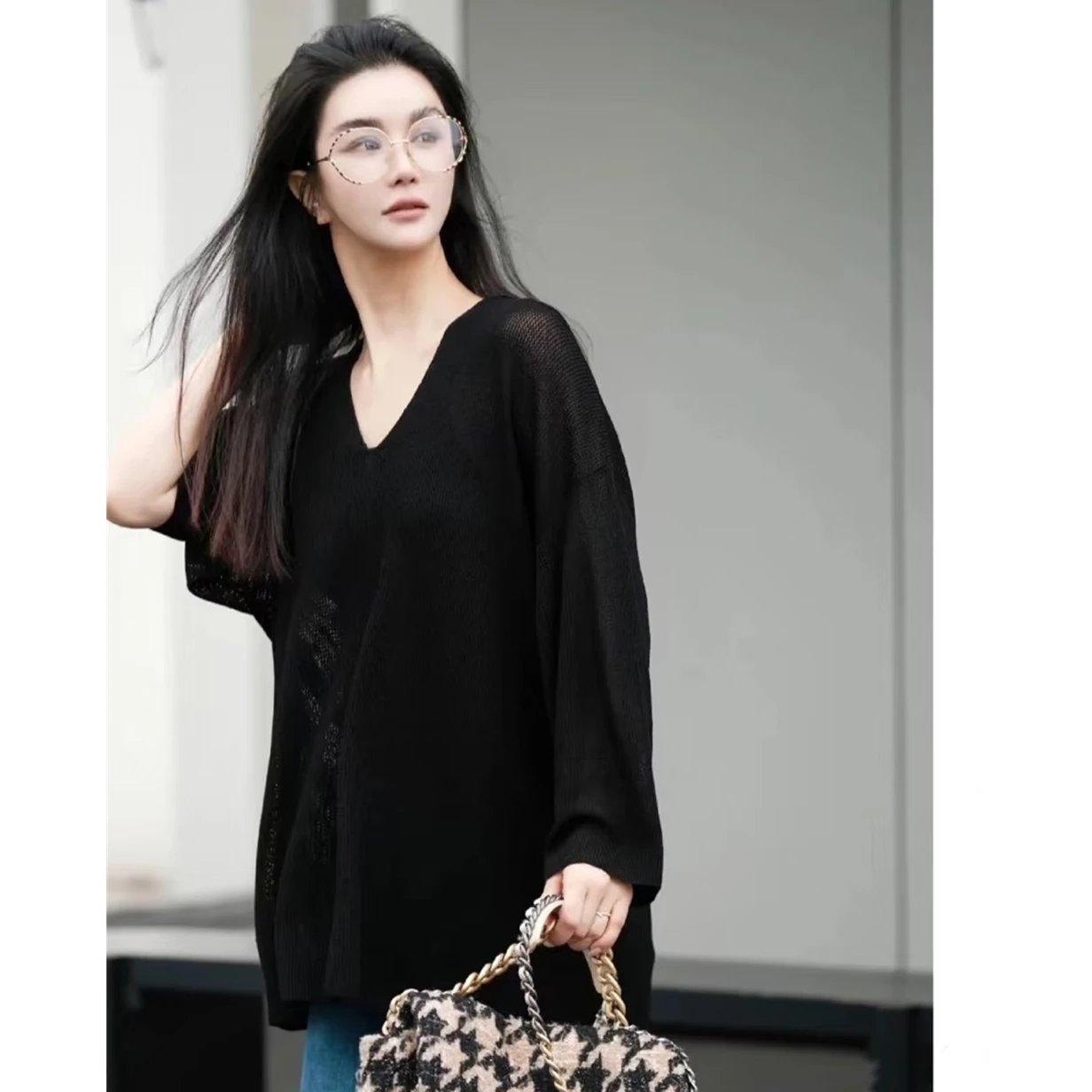 Sl V-Ne تريكو فضفاض مناسب للتخسيس من ألياف البوليستر طويل Sve للتنقل قطعة واحدة لموسم الخريف لون نقي #4