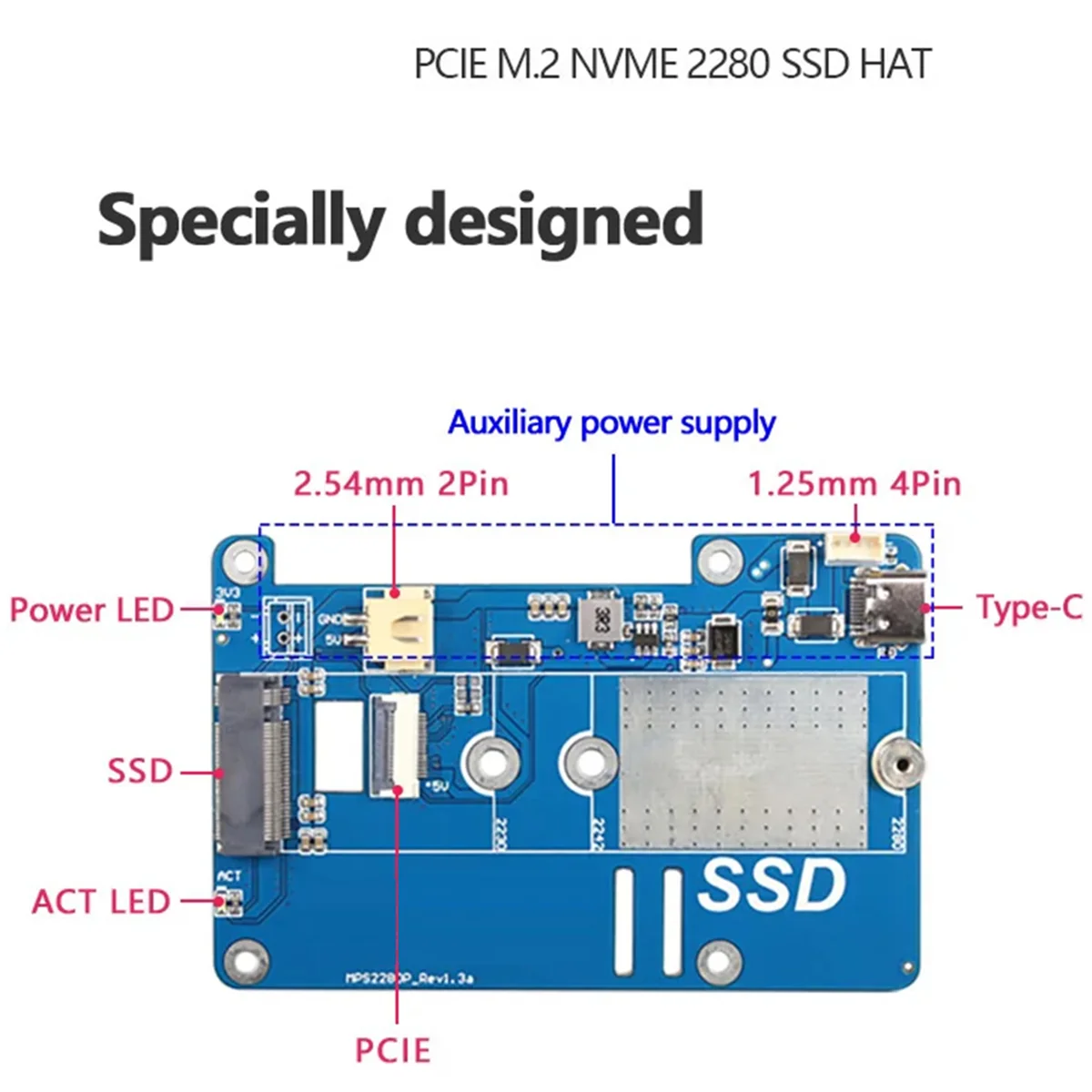 MPS2280P PCIE M.2 NVME SSD HAT for Raspberry Pi 5 Support 2280 2230 2242 Gen 3 Expansion Board