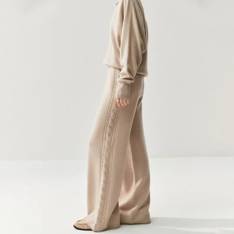 

ANGEL Women's 100% Cashmere Pants Autumn Winter Wide Leg Pants Thickness Twist Simple Casual Style Cashmere Knitted Trousers