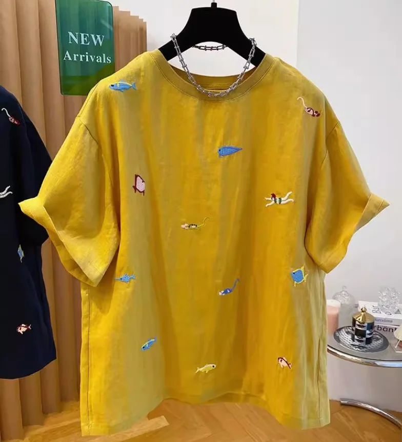 Summer new style large size women's natural linen T-shirt European and American loose pullover round neck cotton and linen casua