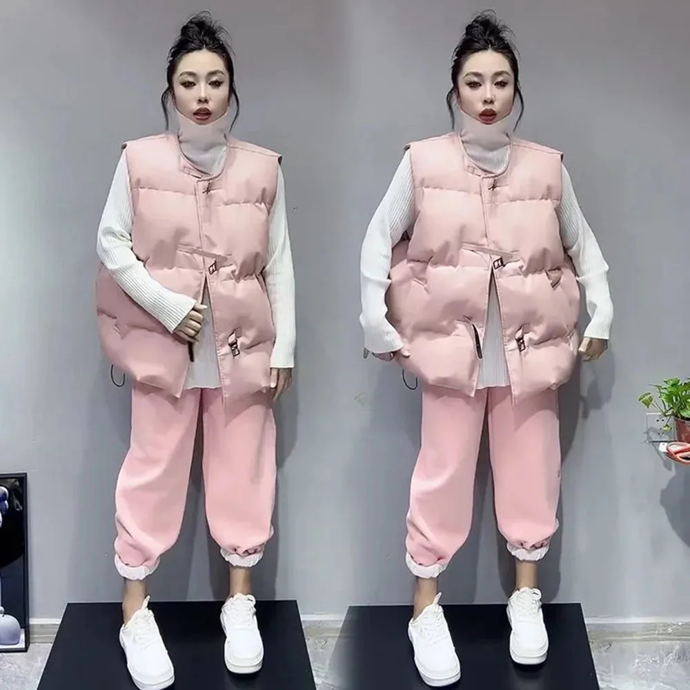 Chaleco de PU para mujer, chaqueta acolchada de algodón rosa, abrigo con botones de Metal, Parkas sin mangas para invierno