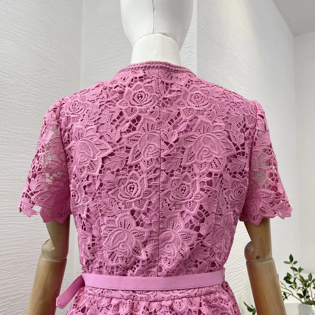 Summer Pink Lace Patchwork Square Collar 2024 Top Quality Short Petal Sleeve Belted Women Midi Dress