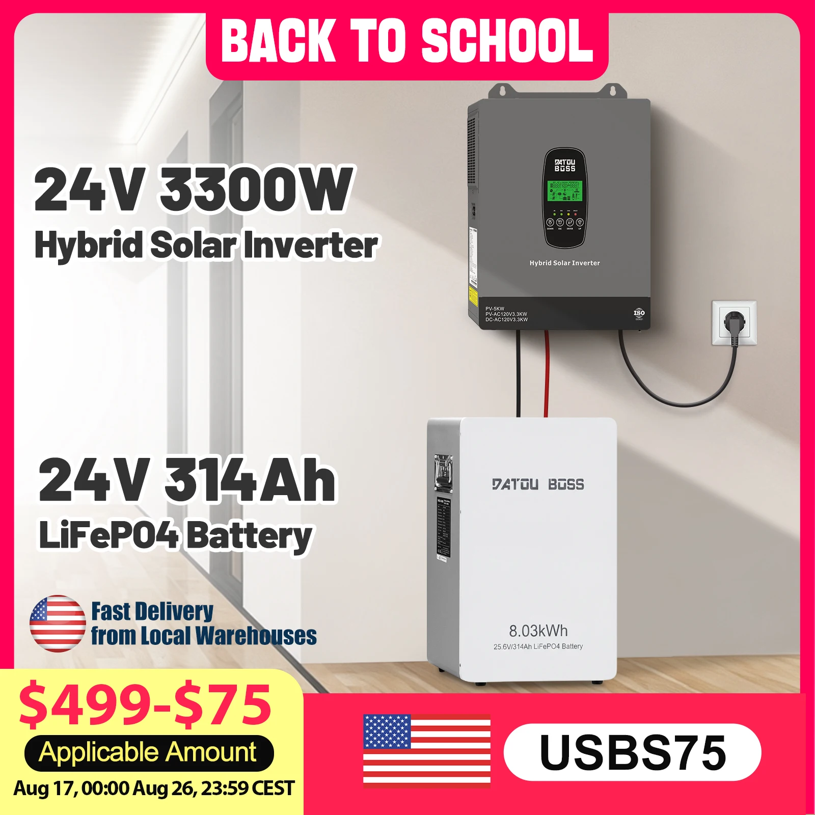 DATOUBOSS 8.03kWh 24V314Ah Lithium Battery(WiFi)+3.3kW 24V Hybrid Inverter Solar Home System