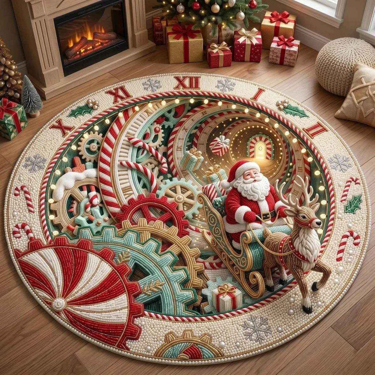 VIKAMA Beaded Pearl Roman Clock Gears Sleigh Reindeer Plush Flannel Round Rug Soft Non-Slip Living Room Bedroom Floor Mat Decor