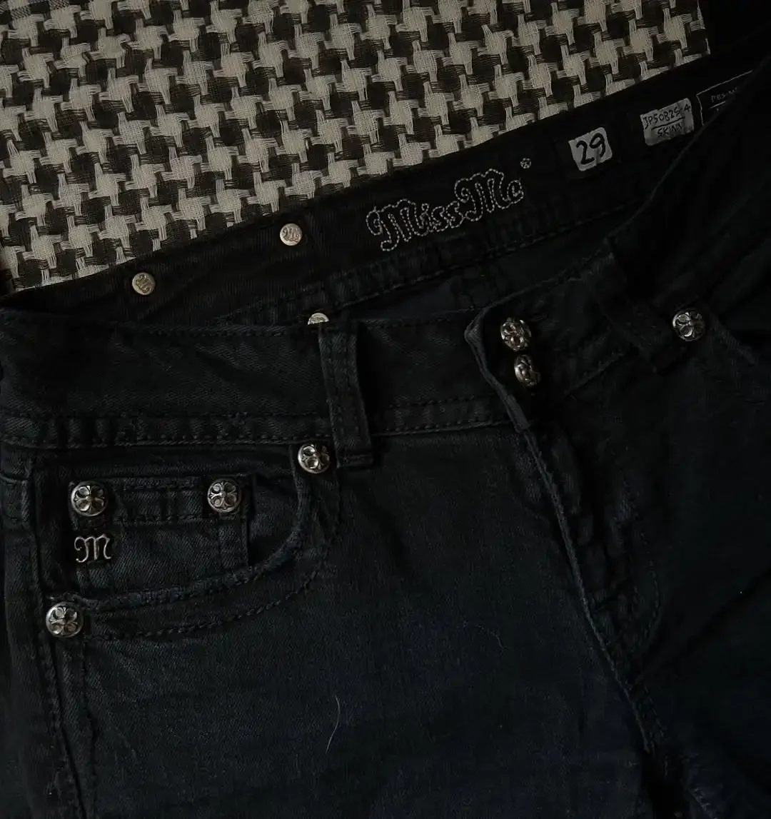 جينز عتيق Y2K ملابس نسائية هاراجوكو قوطي جيب مطرز فضفاض جينز أمريكي أسود سروال عالي الخصر نحيف #3