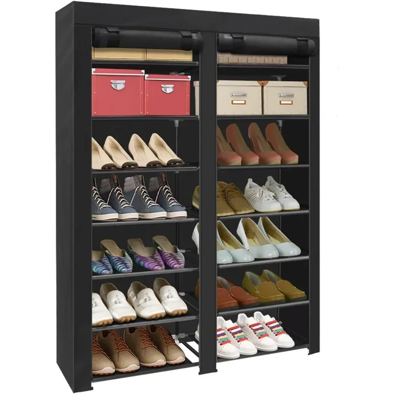 

Shoe Rack Storage Organize, Portable Double Row with Nonwoven Fabric Cover Shelf Cabinet for Closet