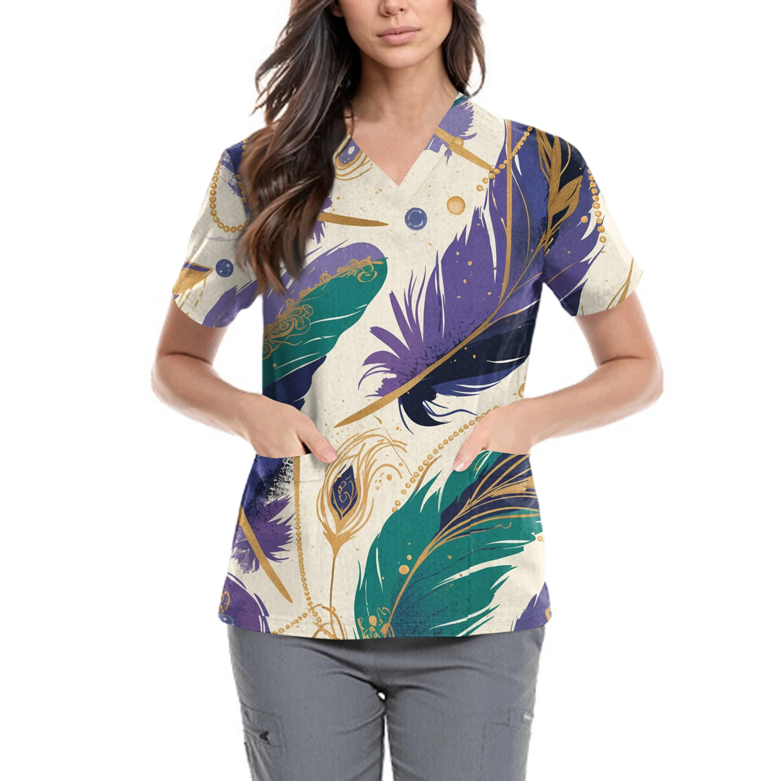 Uniformes de enfermera para mujer, jersey cómodo para el día a día, camisetas estampadas con cuello en V, bolsillos elegantes con ventilación lateral, Tops diarios