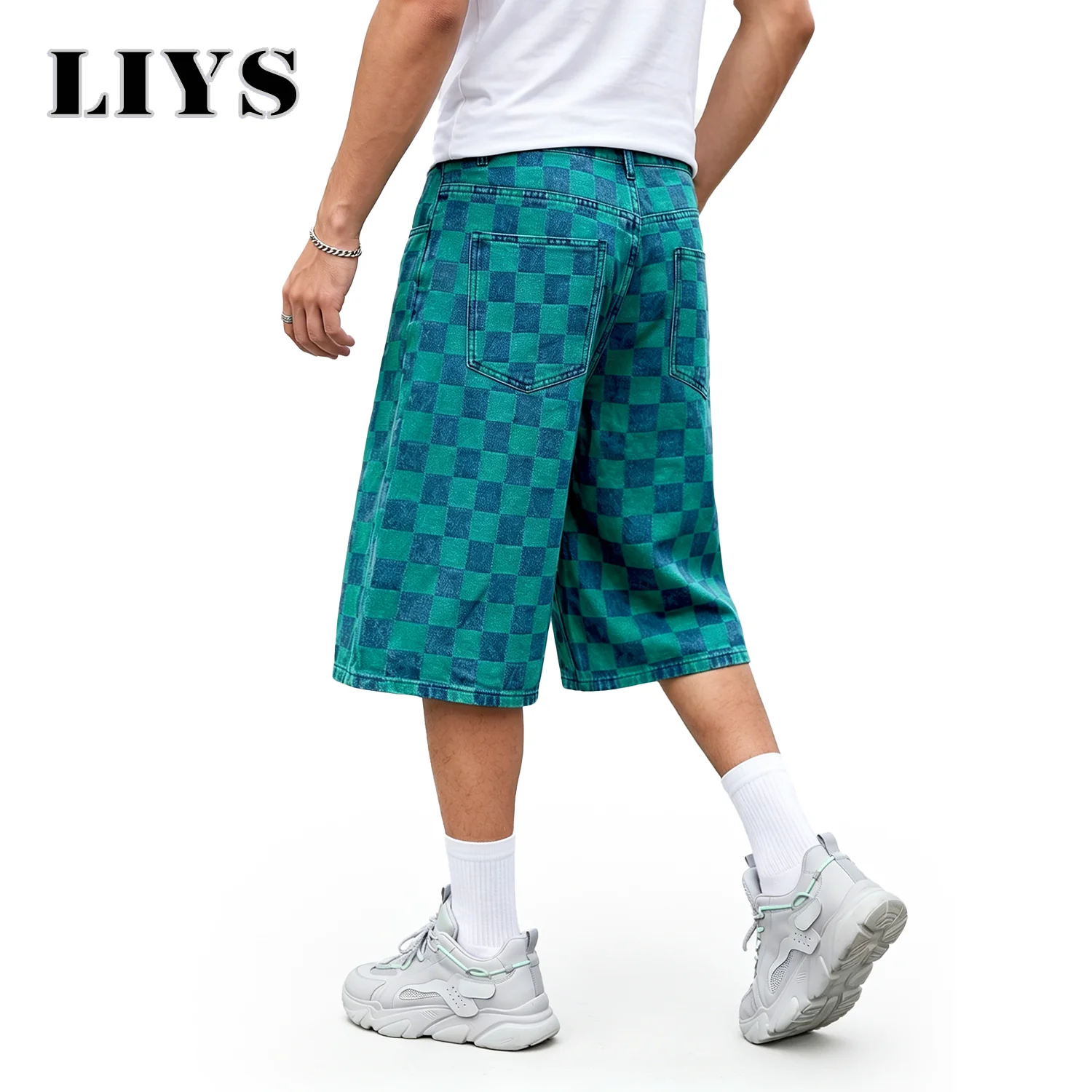 LIYS Men's American Retro Green Checkerboard Style Summer Vacation Trendy Brand Loose Wide Leg Street Style Denim Shorts