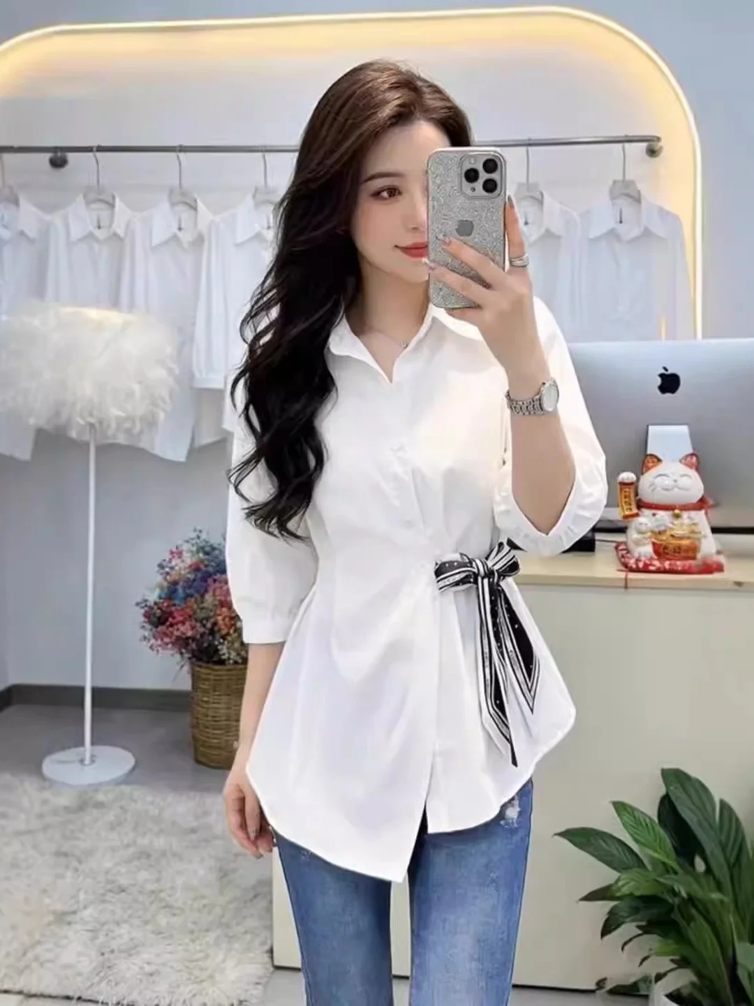 

Slimming Fitted irt Women's Summer New Sle Large Size Fat MM Sun Protection Turn-down Collar Waist-cinching Top Korean St...