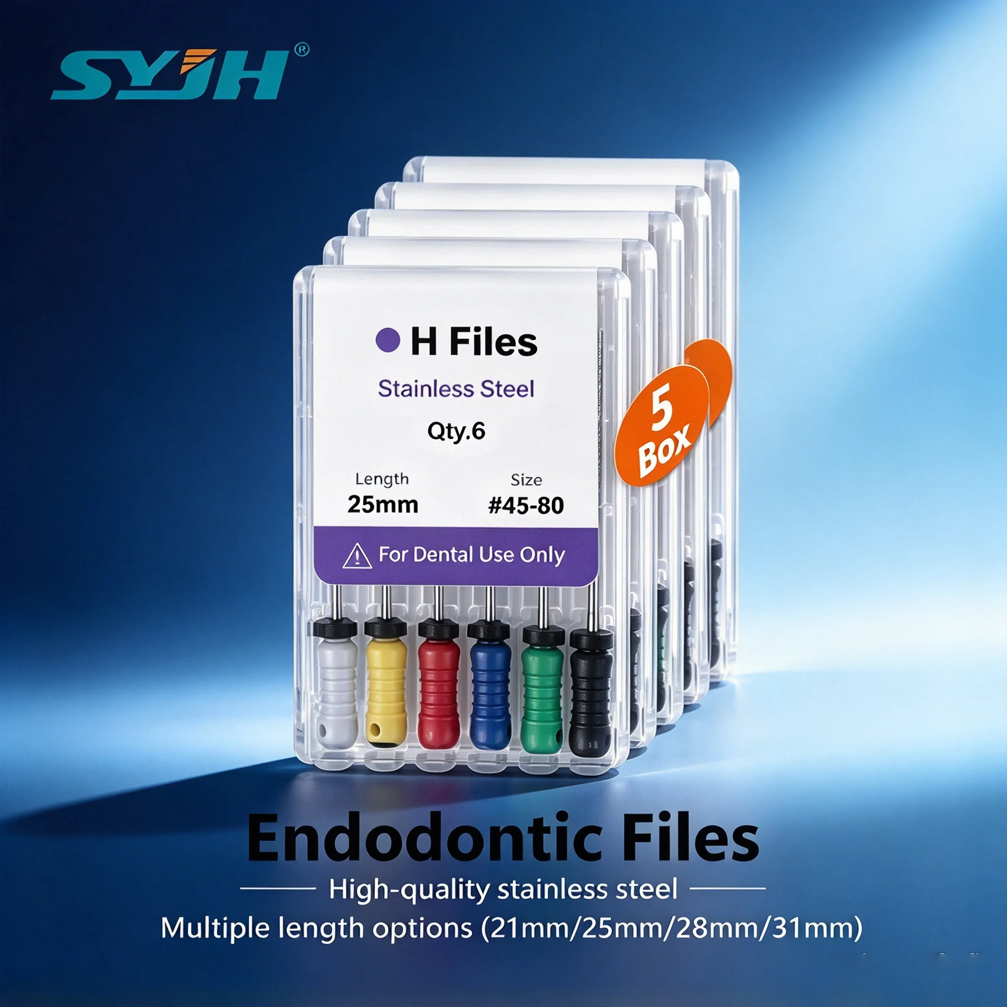 SYJH 5 Packs Stainless Steel Dental Endodontic H Files Hand Use 21/25/28/31mm for Root Canal Cleaning & Shaping Endo Treatment