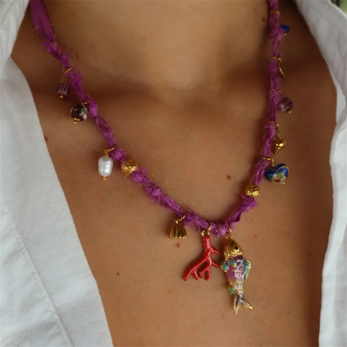 Beach Vacation Dopamine Necklace Coral Pearl Little Fish DIY Necklace Women Gold Plated Color Preserved - Image 3