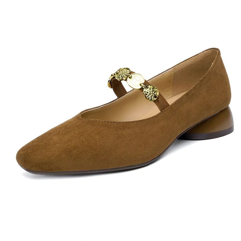 Plus Size 34-41 Women's Natural Suede Leather Metal Buckle Square Toe Slip-on Mary Jane Flats High Quality Soft Comfort Shoes