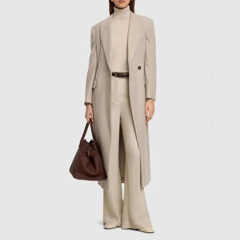 EAEOVNI 2025 Büro Dame Khaki Frauen Lange Anzug Jacke Kerb Kragen Taste Versammelt Taille Mantel Mode Neue Kleidung 1A950