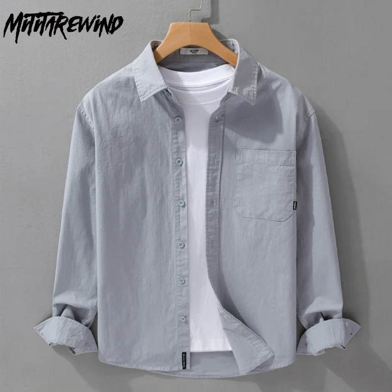 

Harajuku Men Tops Spring Fall Daily Pure Cotton Casual Shirts Solid Color Lapel Pocket Long Sleeve Shirts Man Simple Ropa Hombre