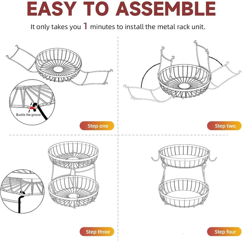 ABYN-Sturdy Metal Wire 2 Tier Large Fruit Bowl With 2 Banana Hangers-Basket For Kitchen Counter, Bread& Onions