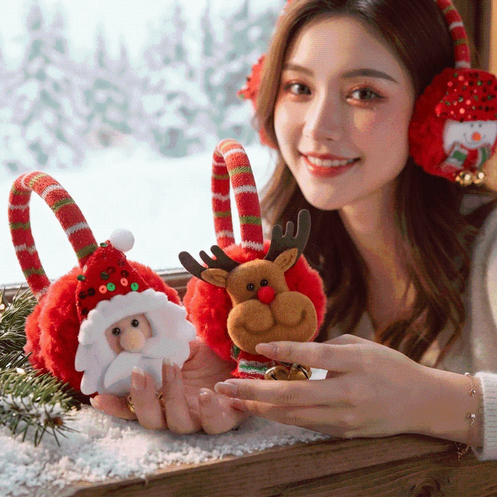 Soft Fabric Christmas Plush Earmuff Sequin Detail Bright Red Cartoon Santa Headband Elastic Band Lightweight Fit
