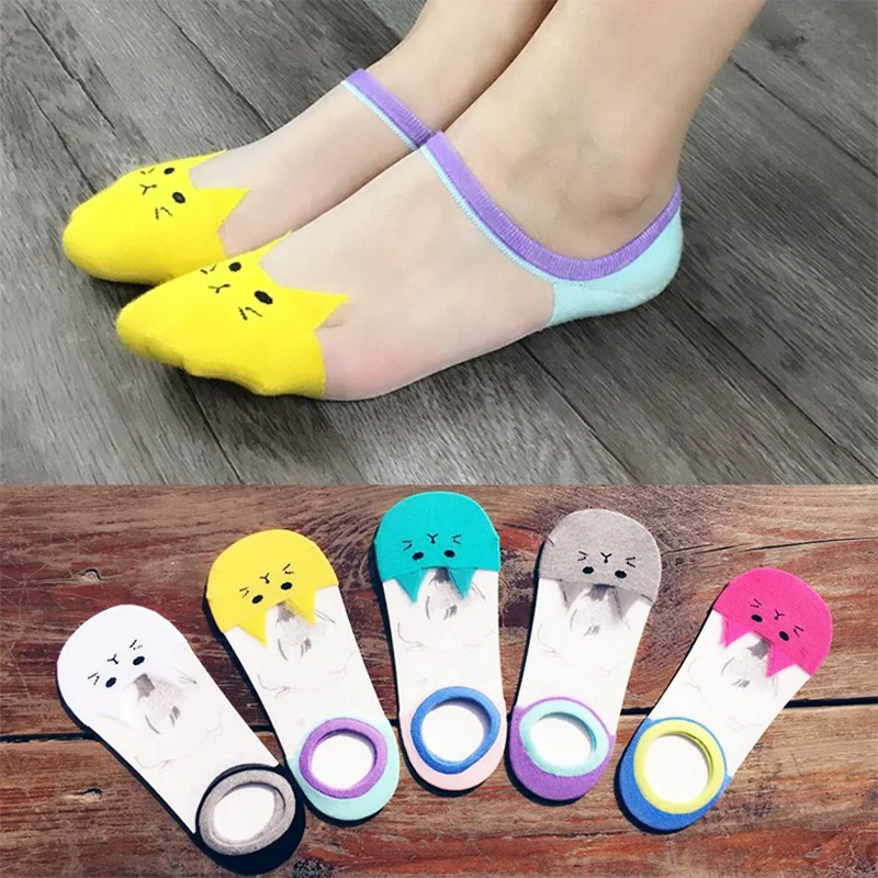 5 Pairs Women Socks Kawaii Summer New Cat No Show Socks Soft Silk Thin Transparent Ankle Socks Breathable Solid Invisible Socks