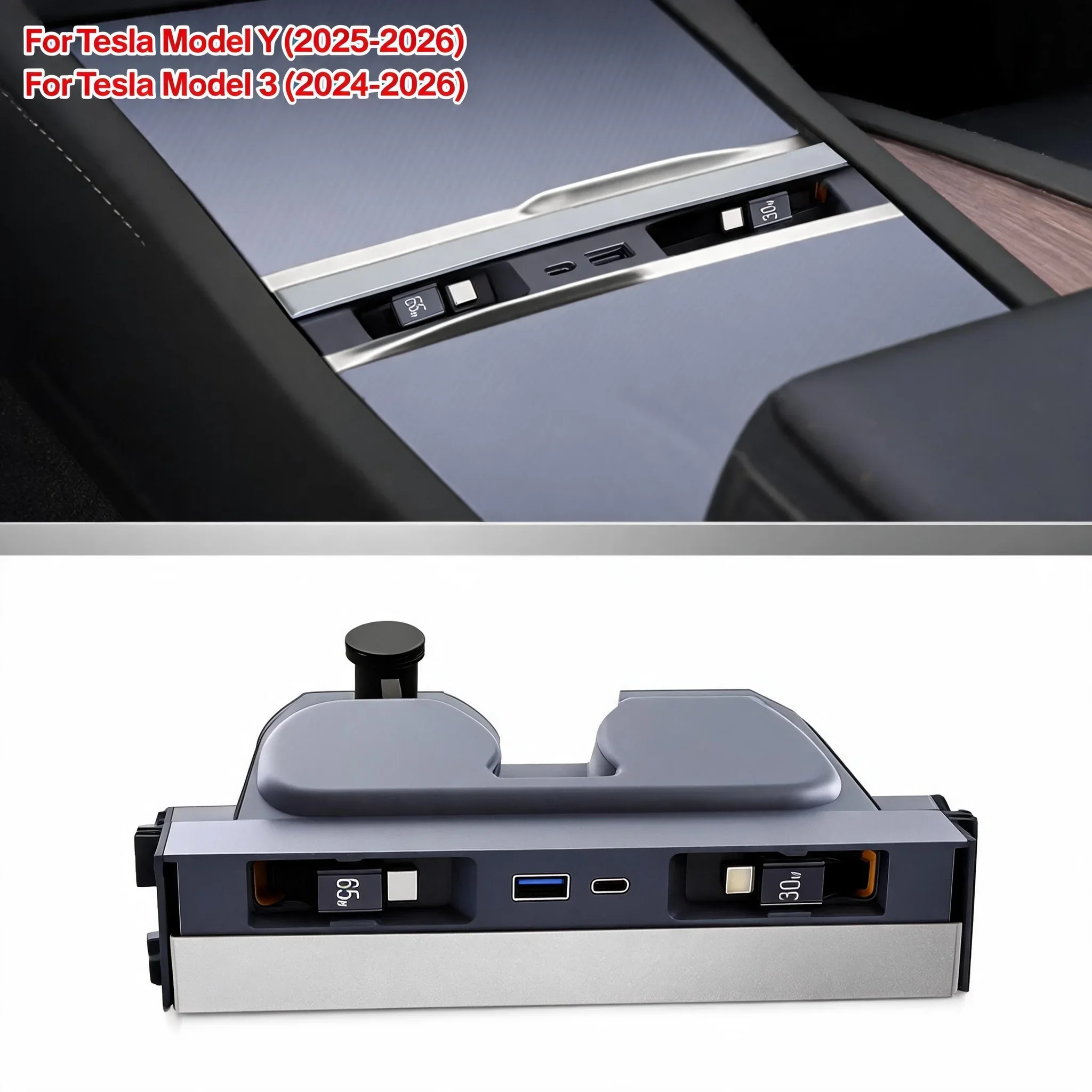 Retractable Center Console USB Hub For Tesla Model 3 Highland Model Y Juniper 2026 Phone Charger Fast Charging Docking Station