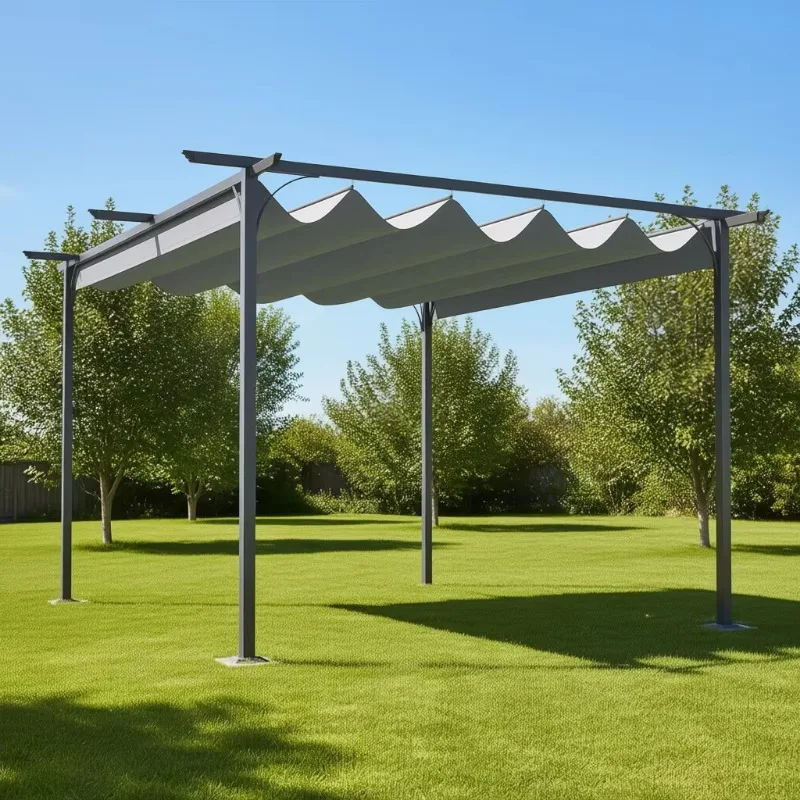 Retractable patio Gray pergola UV-protected outdoor canopy with sturdy steel frame