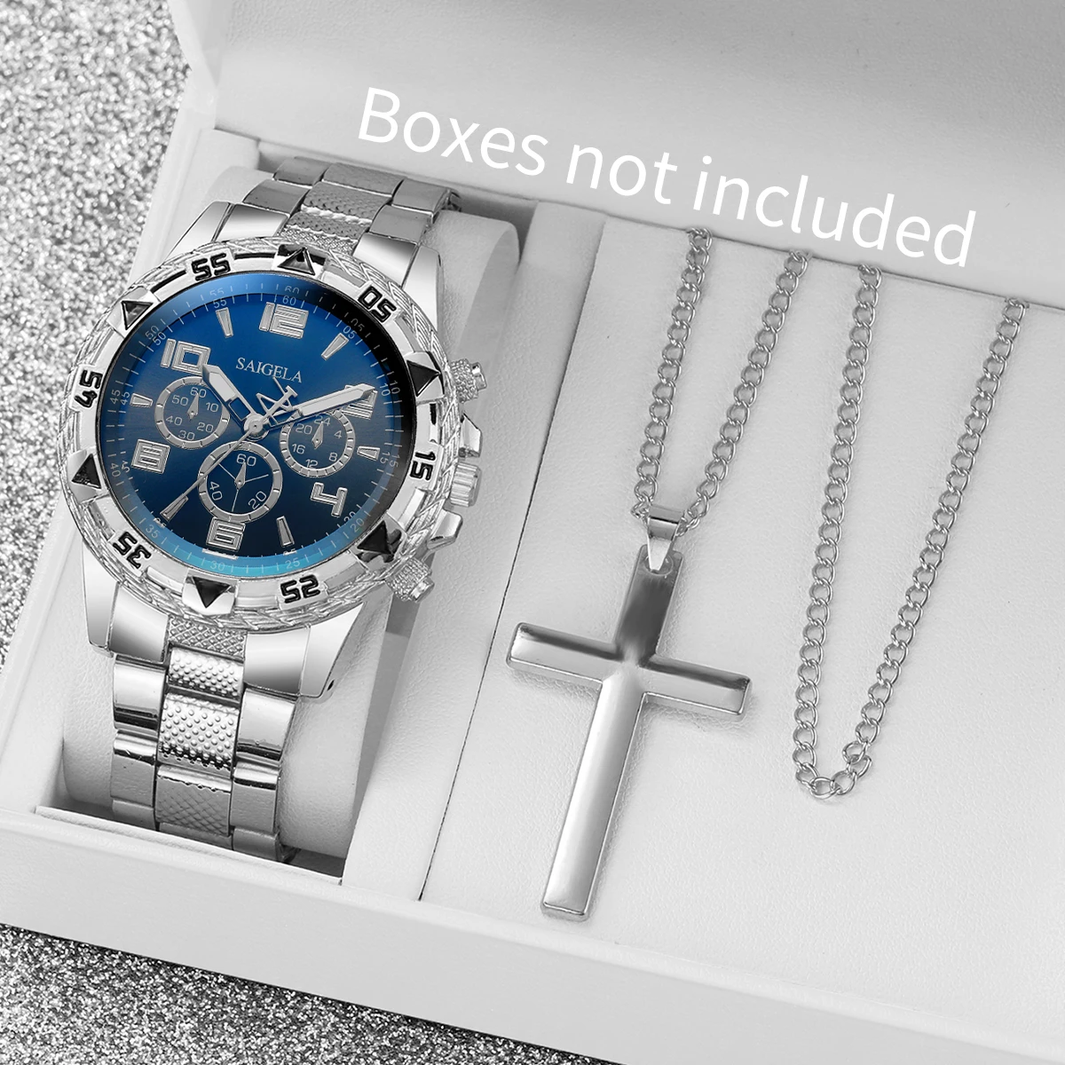 2 قطعة ساعات رجال الأعمال الفاخرة موضة الطلب الكبير الرجال سوار فولاذي ساعة كوارتز قلادة مجموعة Reloj Hombre (بدون صندوق)