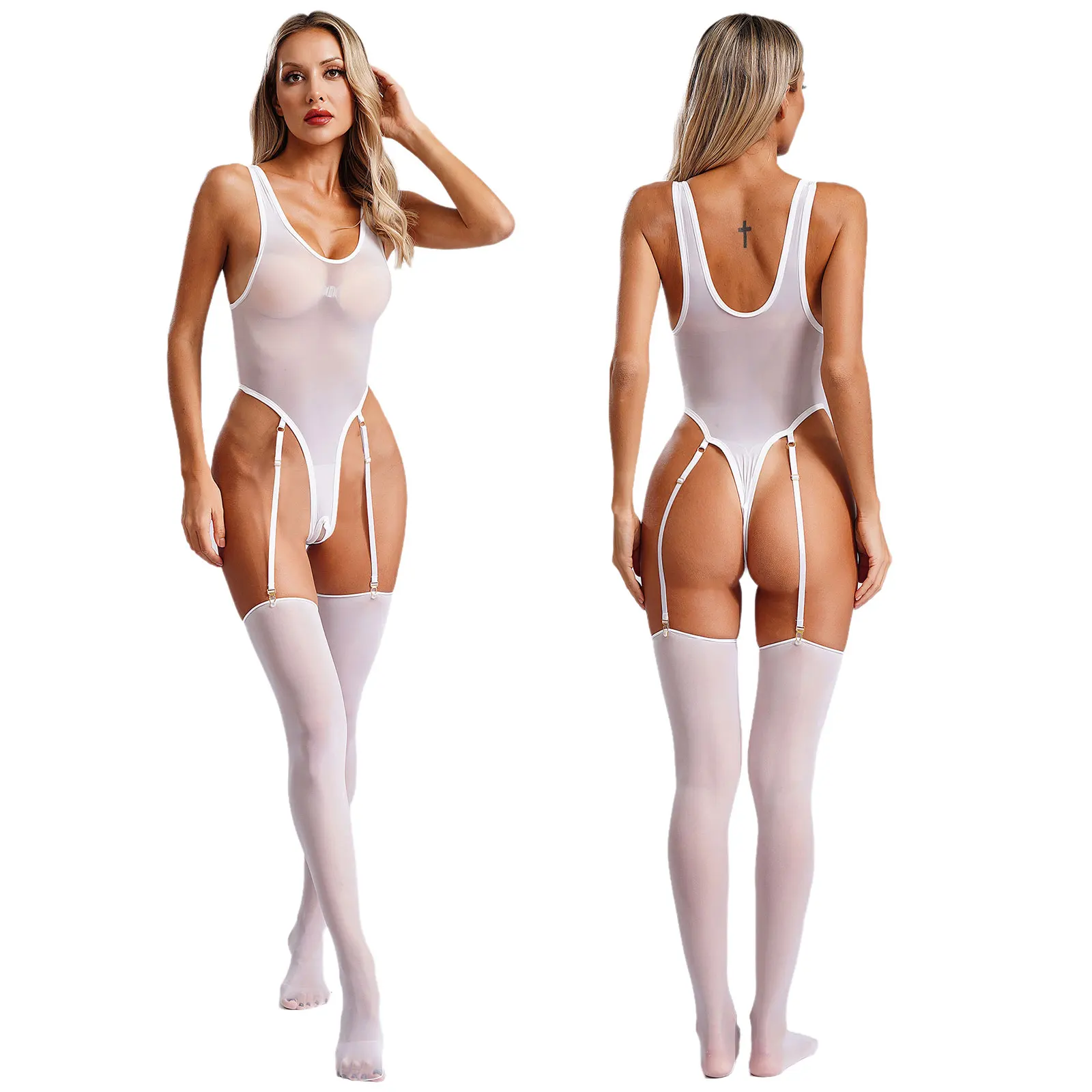 مثير المرأة انظر من خلال مجموعة الملابس الداخلية Crotchless مفتوحة بعقب عالية قطع بذلة مع جوارب الحمالات لملابس النوم الملابس الداخلية #6