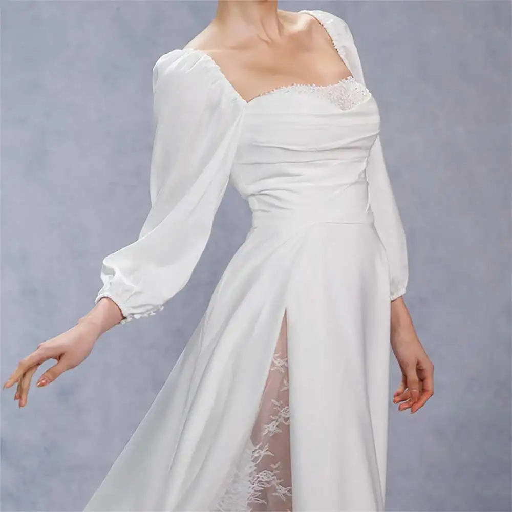Elegancka suknia ślubna dla panny młodej z kwadratowym dekoltem i rękawem 3/4 z rozcięciem z boku i plisowanym odkrytym tyłem 2025 New Arrival Bride Gowns