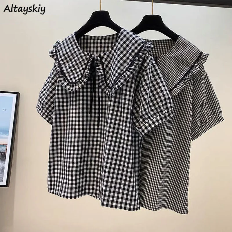 Summer Blouses Women Vintage Comfortable Plaid Chic Ladies Ulzzang Student All-match 2 Styles Casual Cozy Hipster Lace-up Design