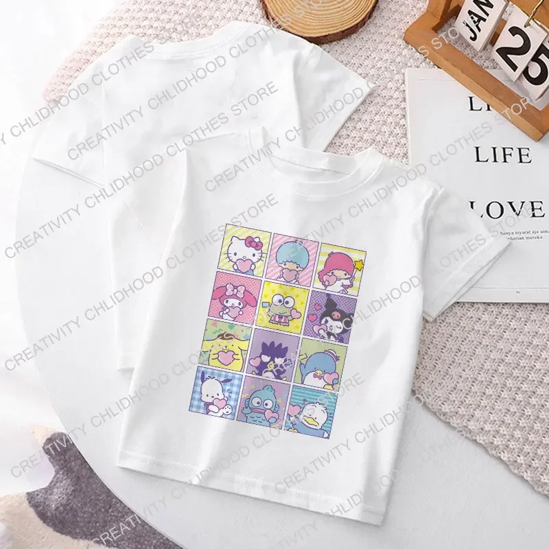 Hello Kitty Children's T-shirt Y2k Kawaii Sanrio Kuromi Melody Anime Tee Shirts Cartoons Kid Girl Boy Streetwear Casual Clothes