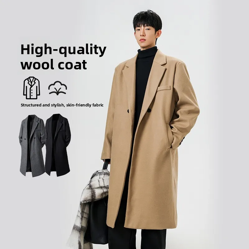 

Мужское шерстяное пальто средней длины, осенне-зимнее, модное, в корейском стиле, теплая верхняя одежда, длинное пальто-свитер