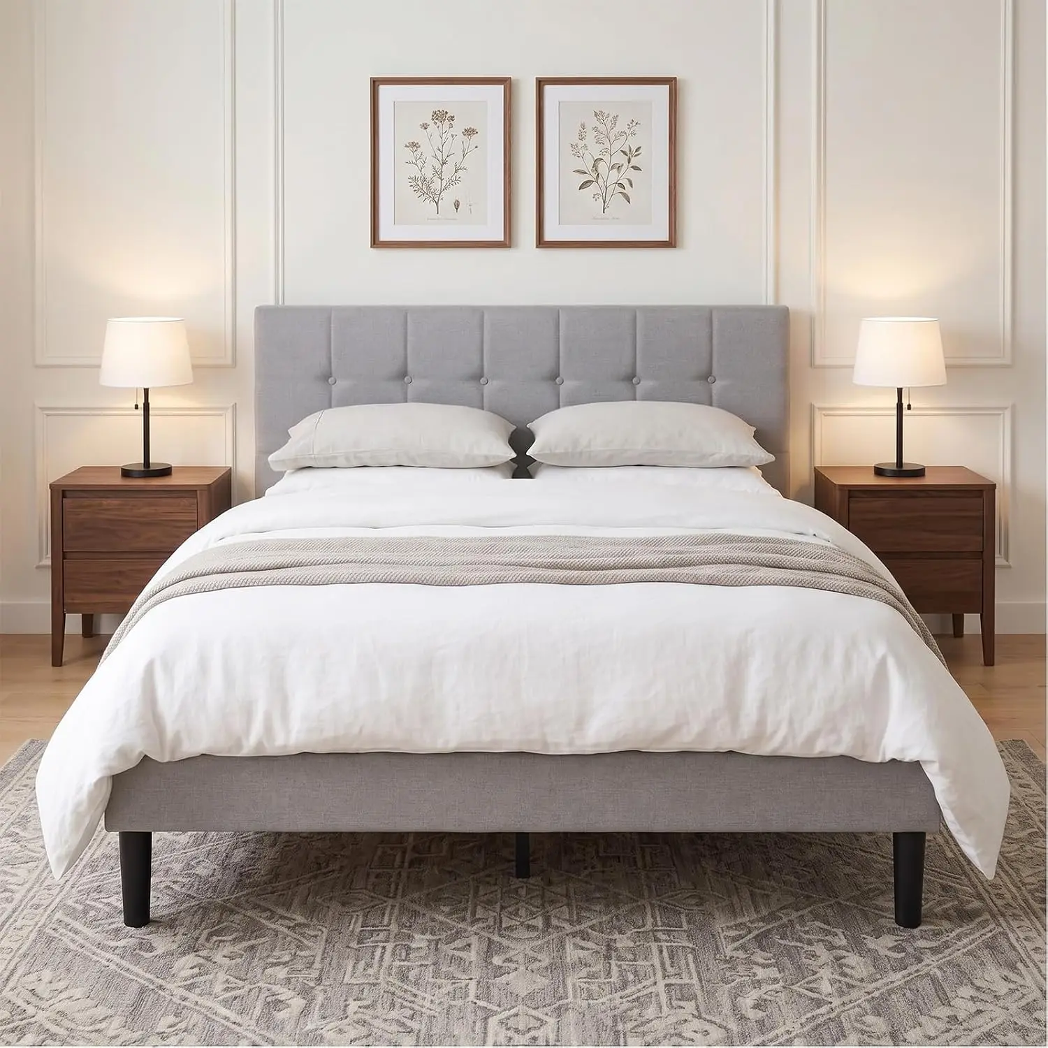 Queen Bed Frame Linen Button Tufted Upholstered Headboard Gray, Customized