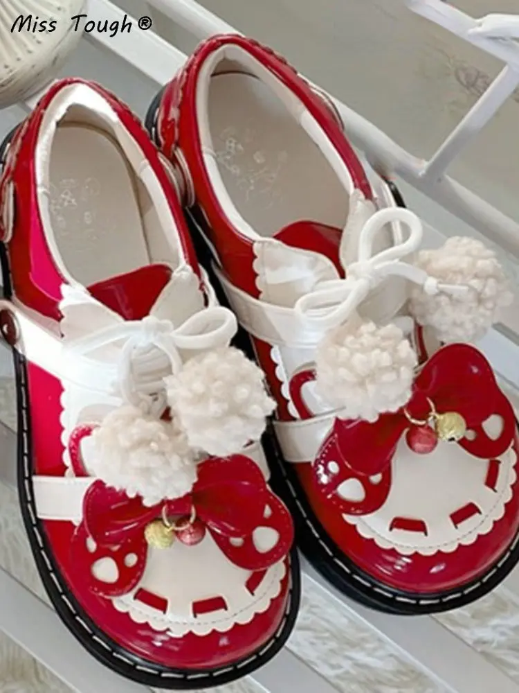 Winter Red Lolita Kawaii Shoes Women Bow Japanese Style Sweet Plush Pumps Female Christmas Fashion Round Toe Casual Shoes 2022