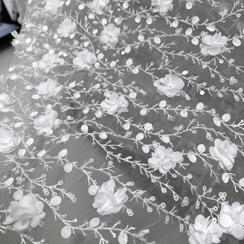 Elegant White 3D Flower Mesh Fabric Featuring Beaded Sequins And Appliqué Design For High-End Wedding Dress Veil And Formal Wear