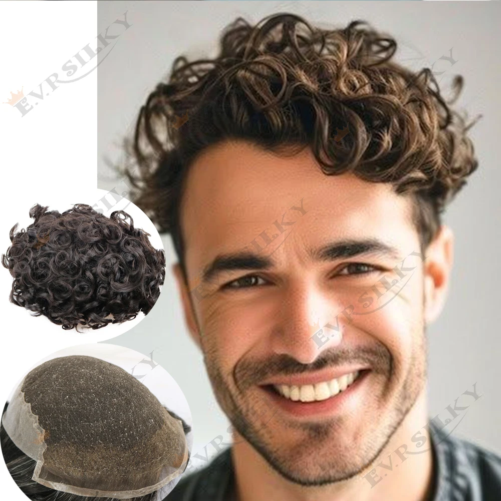 

Мужской парик-накладка из натуральных волос, 26 мм, кудрявый, пепельно-коричневый, Q6, с швейцарским кружевом и полиуретановой основой, с естественной линией роста волос, 1B50 1B65, серо-черный, из человеческих волос, Prosthe