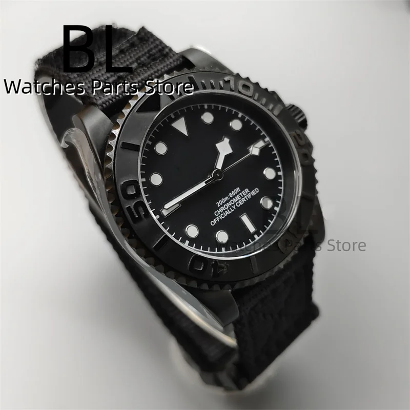 BLIGER 40mm Diving Watch For Man NH35 Automatic Full Black Matte Bezel With Sapphire Glass Black Dial Luminous Nylon VelcroStrap