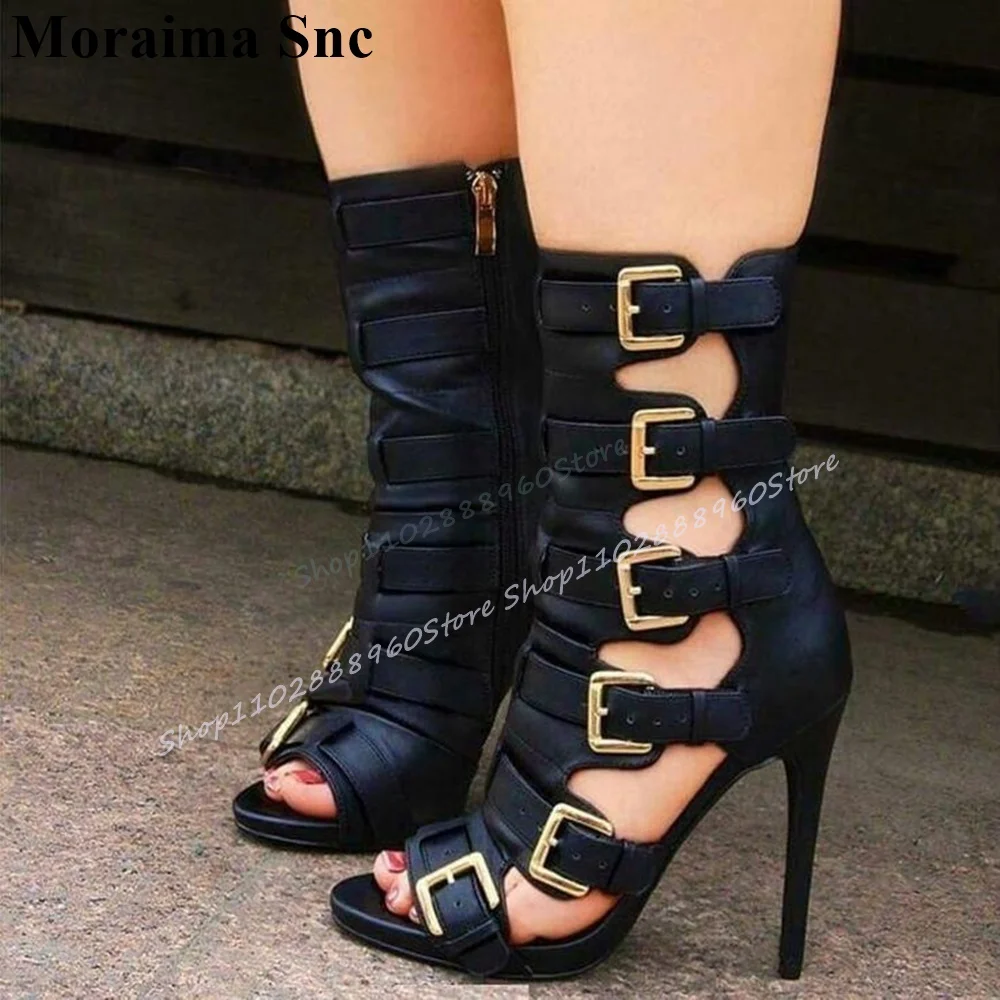 

Trending Mid Calf Black Buckle Strap Sandals Thin High Heel Women Shoes Side Zipper Open Toe 2025 Fashion Zapatos Para Mujere